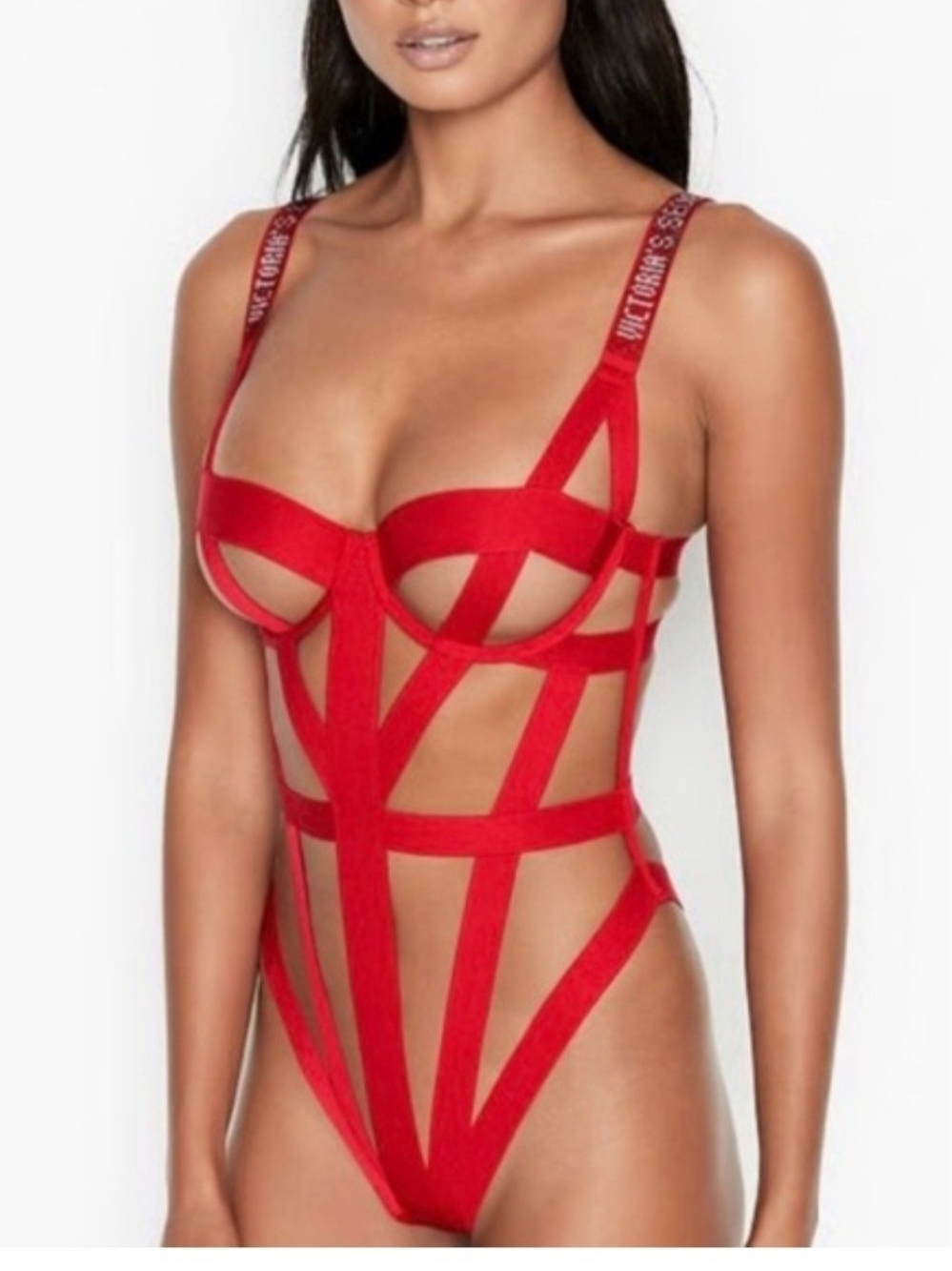 NWOT Victoria's Secret Very Sexy Banded Rhinestone Strap Logo Red Teddy Large
